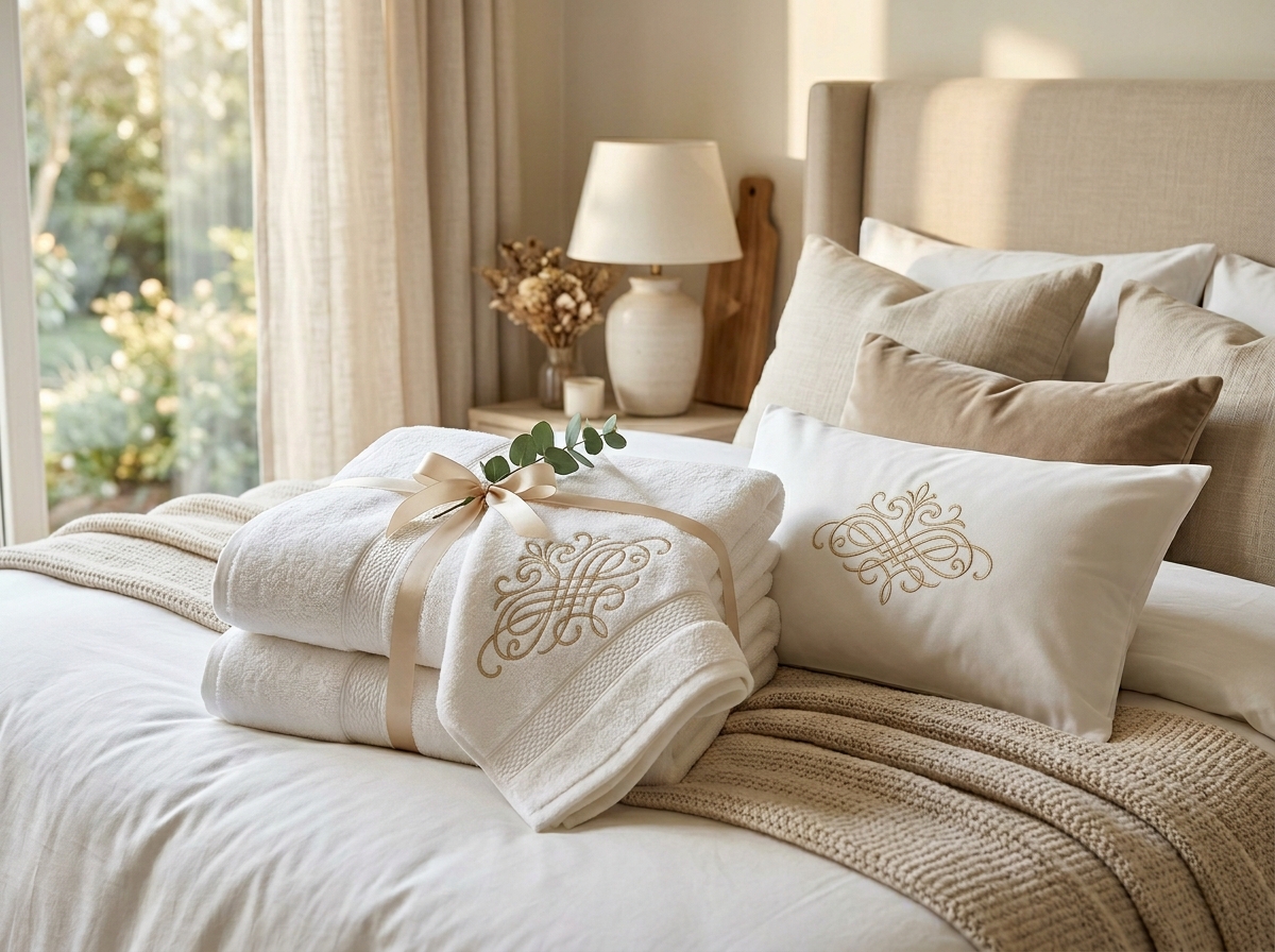 Regalo de bodas elegante y premium presentado en un dormitorio luminoso y sofisticado